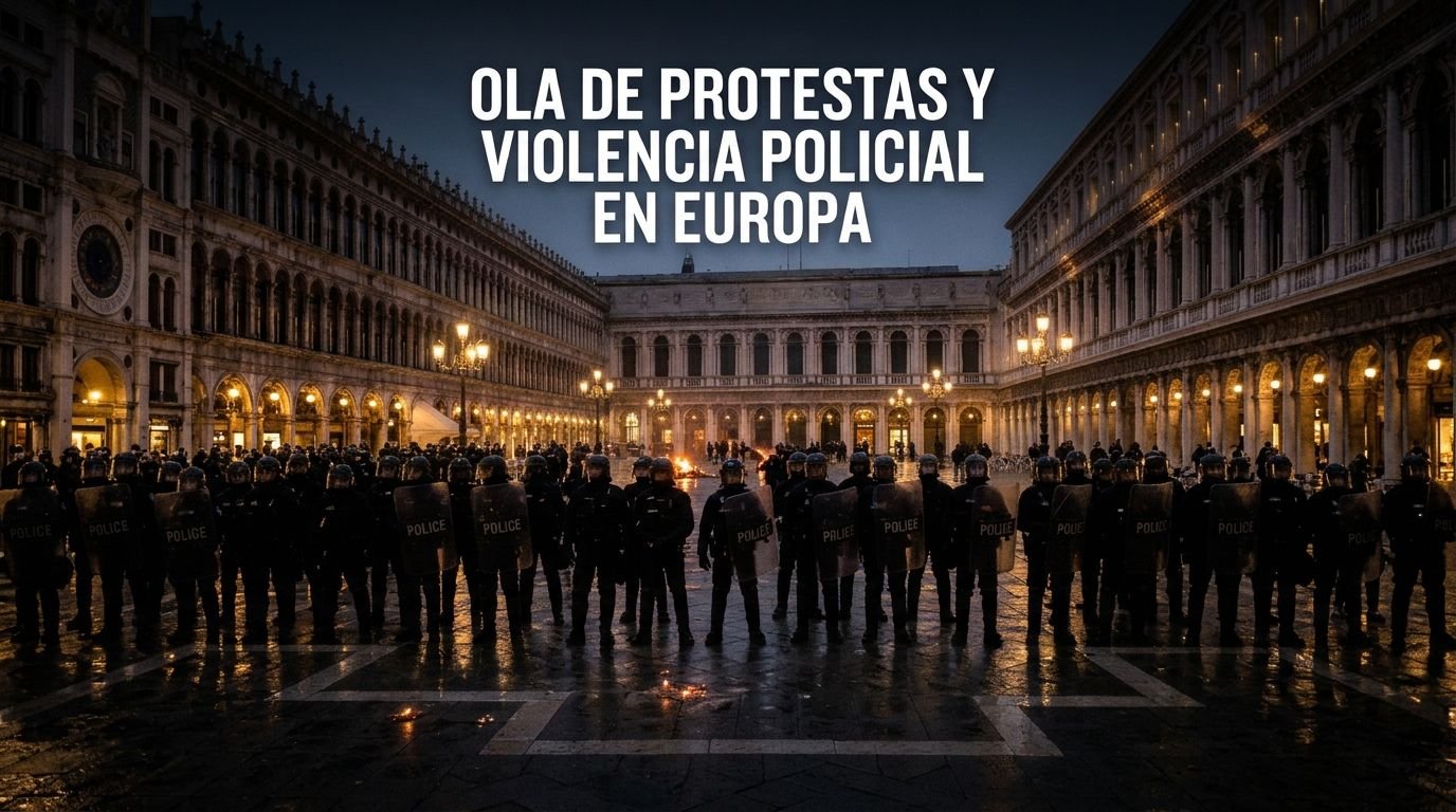 Una toma panorámica de ángulo bajo del histórico St. Mark's Square de Venecia en el crepúsculo. En primer plano, una larga fila de policías antidisturbios totalmente equipados y con escudos se encuentra de pie, de cara al centro de la plaza. Pequeños fuegos y grupos dispersos de personas son visibles en la distancia. El cielo está oscuro y las farolas de gas iluminan la escena con un resplandor cálido. Una gran pancarta de texto en blanco y negro en la parte superior derecha dice: "OLA DE PROTESTAS Y VIOLENCIA POLICIAL EN EUROPA".