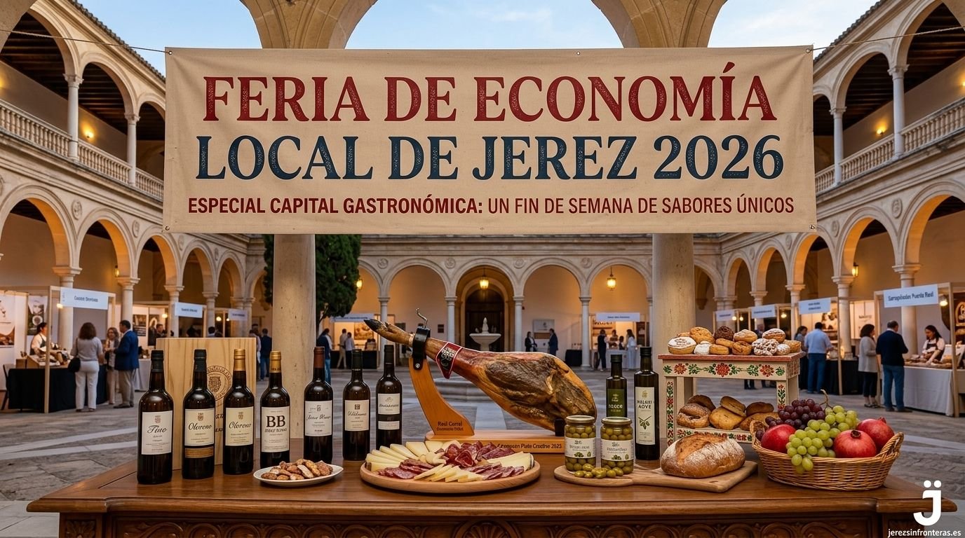 Banner en formato horizontal 16:9 de la Feria de Economía Local de Jerez 2026 en los Claustros de Santo Domingo con exposición de vinos, jamón y productos gastronómicos autóctonos.