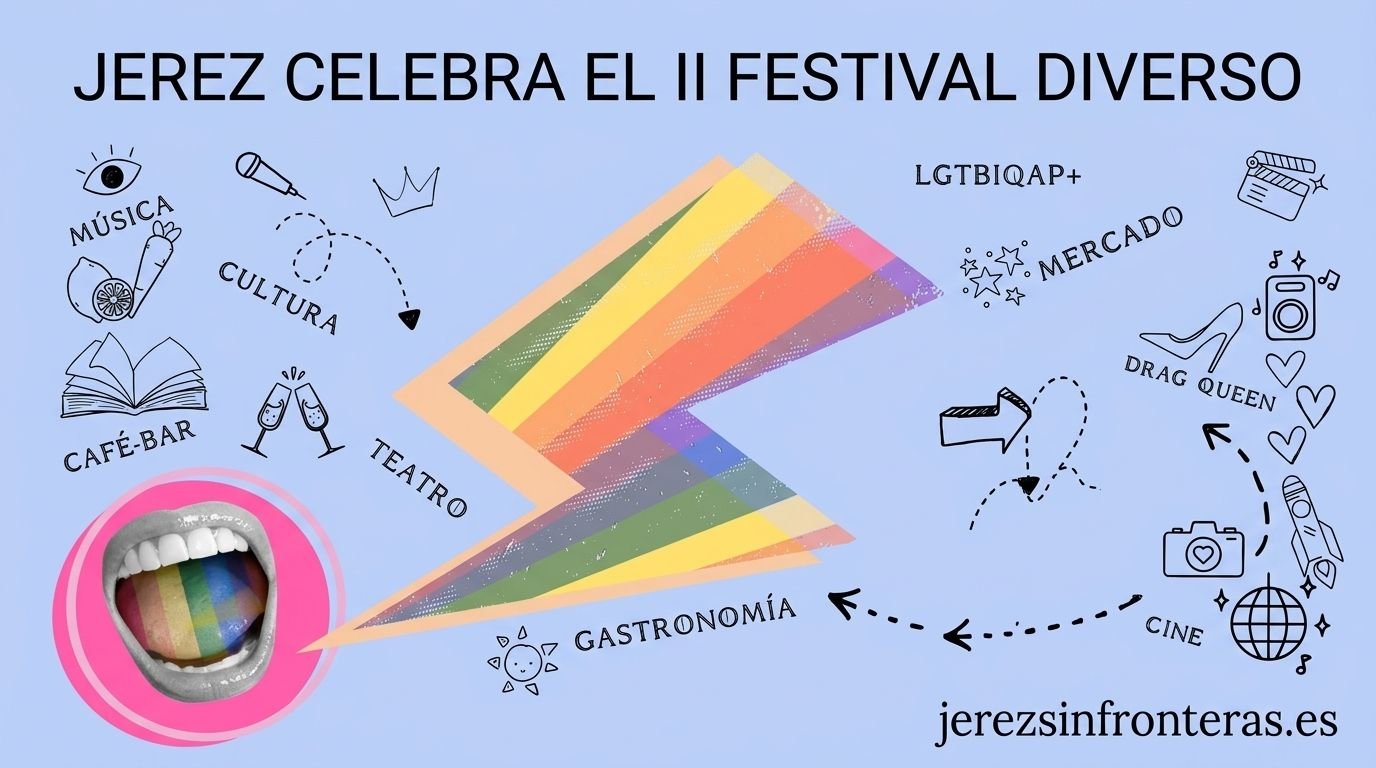 Cartel promocional del II Festival de Cultura LGTBIQAP+ Diverso Jerez con ilustración de rayo multicolor y diversidad de actividades culturales en Jerez de la Frontera.