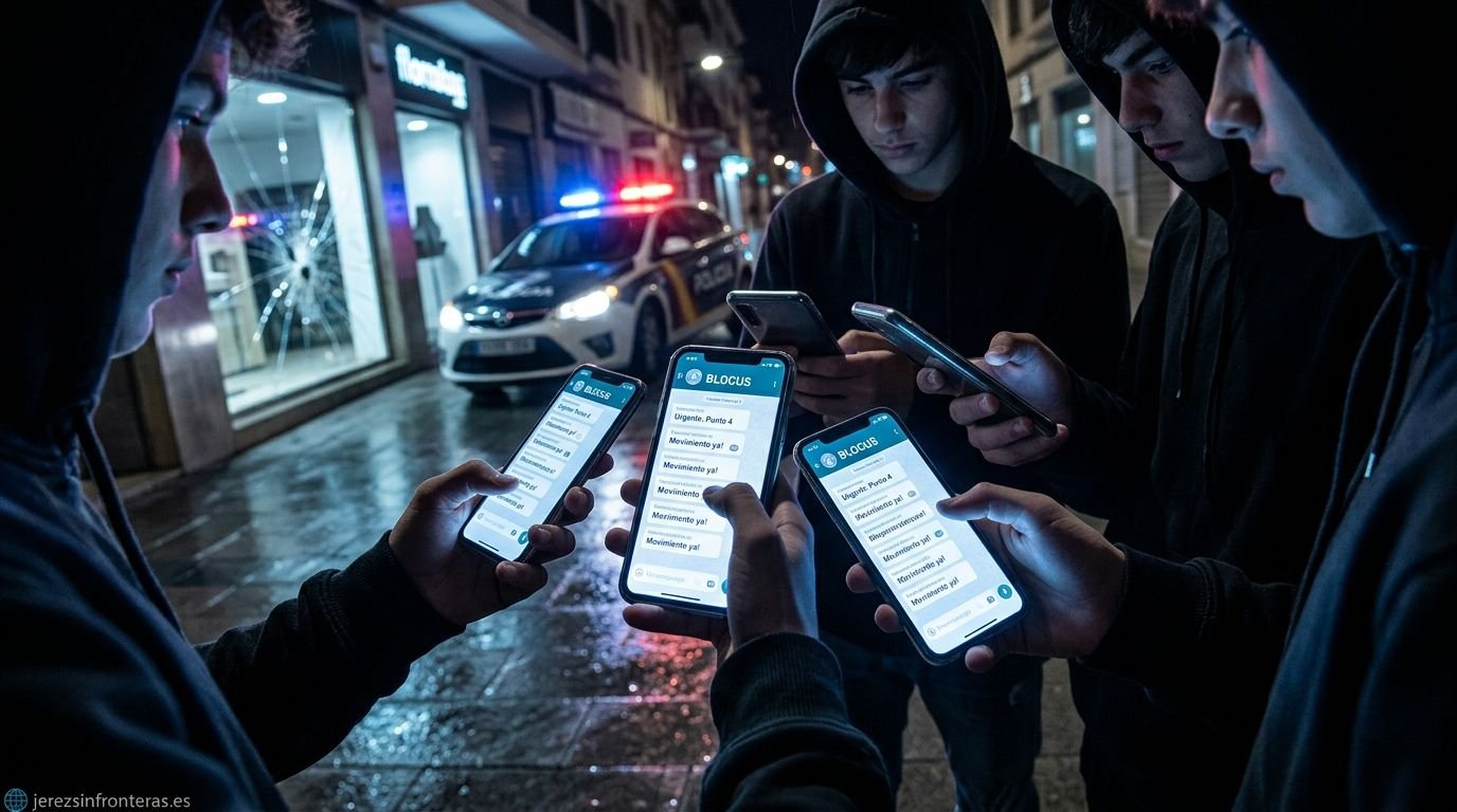 Jóvenes con sudaderas con capucha sostienen móviles en una calle de noche mostrando el mensaje Blocus en pantalla, con un escaparate roto y un coche patrulla de policía con luces al fondo.
