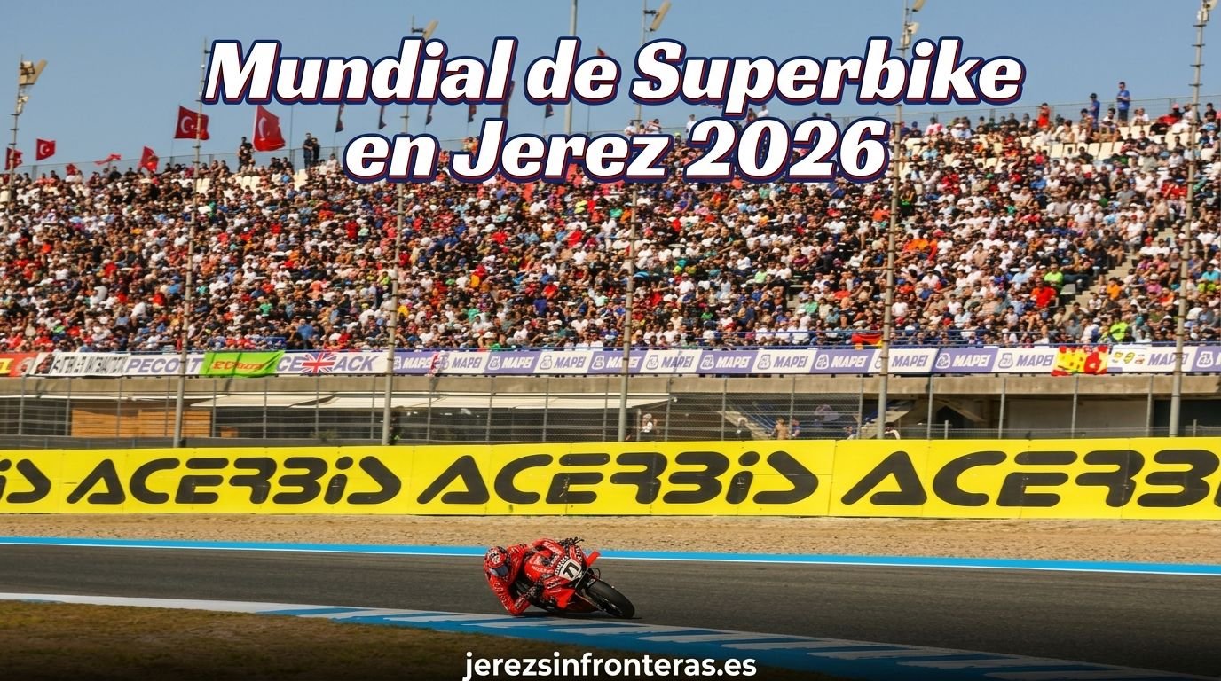 Una toma de acción horizontal de 16:9 de la pista de Jerez durante una carrera de Superbikes, mostrando a un piloto con el número 71 inclinándose en una curva con un gran y denso graderío de espectadores al fondo. El titular 'Mundial de Superbike en Jerez 2026' está superpuesto en el cielo.