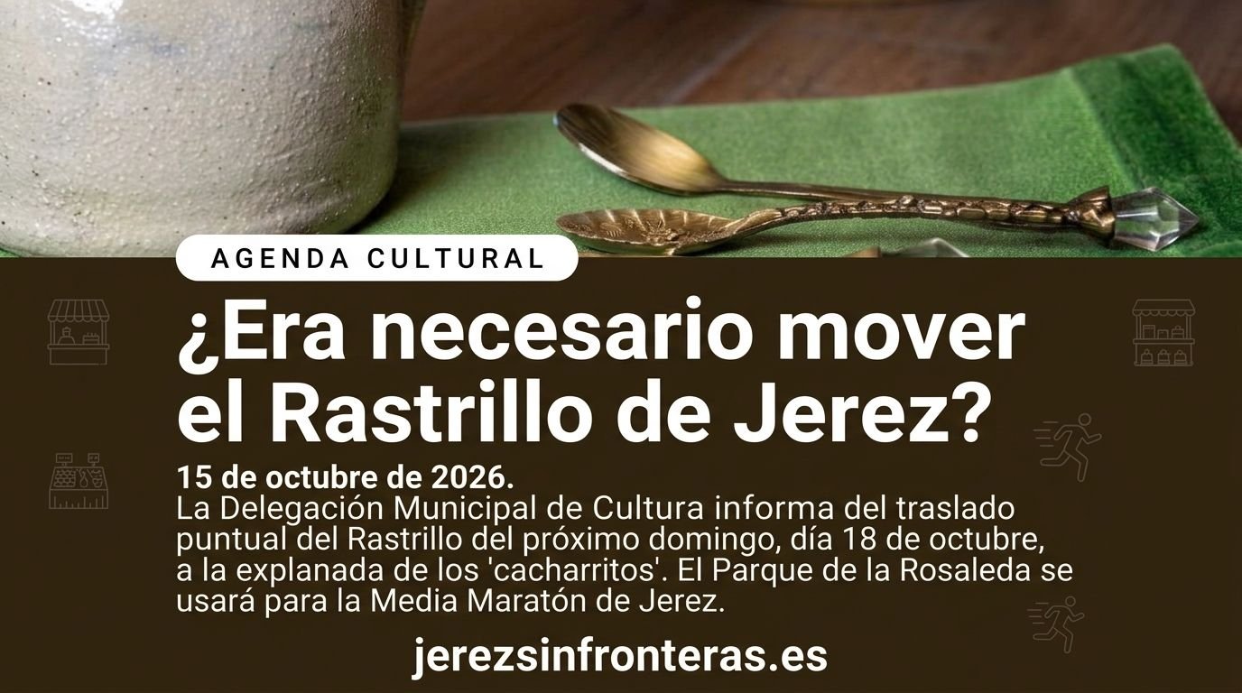 Cabecera de noticia de jerezsinfronteras.es con bodegón de cerámica y cucharas antiguas sobre fondo marrón con texto sobre el traslado del Rastrillo de Jerez.