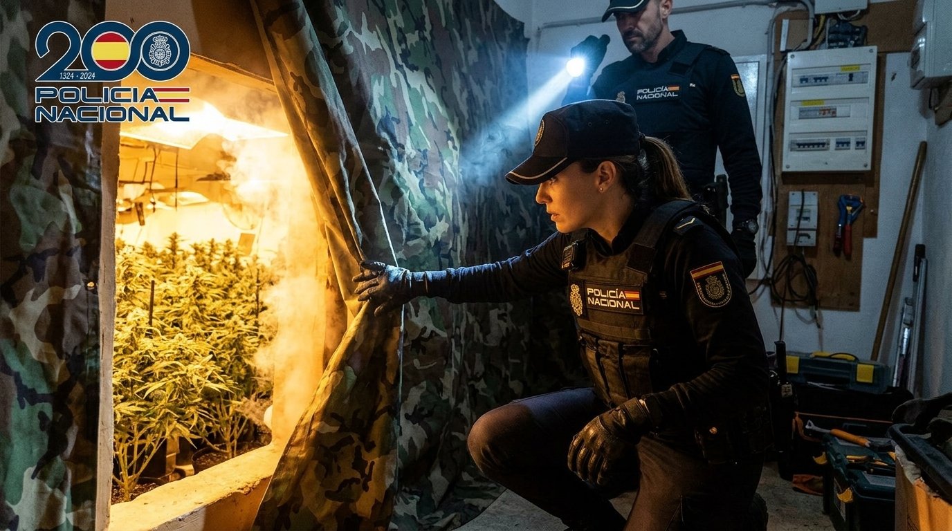 Agentes de la Policía Nacional inspeccionando un cultivo ilegal de marihuana en un espacio acondicionado bajo techo en Sanlúcar de Barrameda.