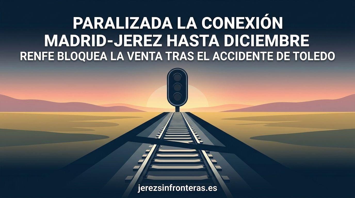 Ilustración de la vía de tren cortada con señalización de parada e información sobre la suspensión del trayecto Madrid-Jerez en jerezsinfronteras.es