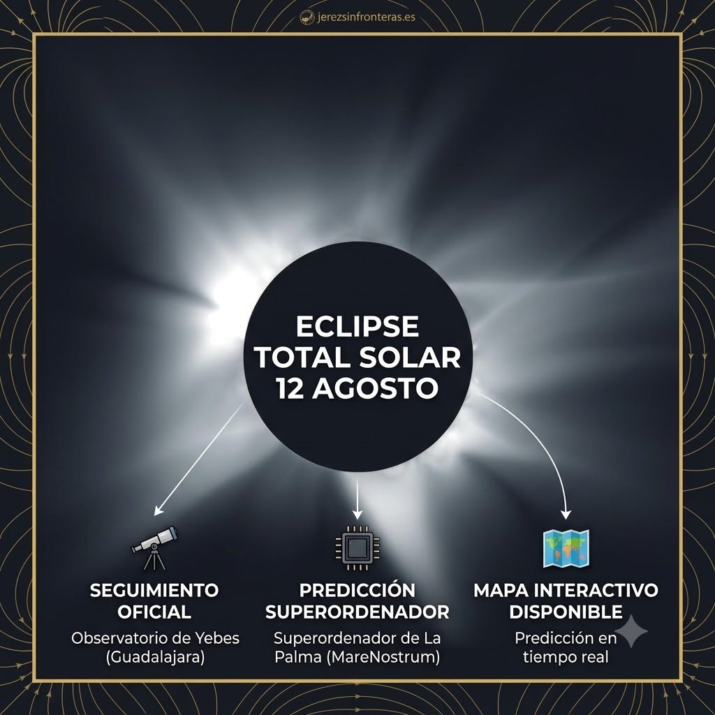 Infografía de jerezsinfronteras.es sobre el Eclipse Total Solar del 12 de agosto. Muestra una foto central del eclipse con la corona solar brillante alrededor de un disco negro. Incluye tres iconos debajo: un telescopio para "Seguimiento Oficial", un chip para "Predicción Superordenador" y un mapa mundi para "Mapa Interactivo Disponible", con textos descriptivos. El diseño es moderno con un borde geométrico dorado.
