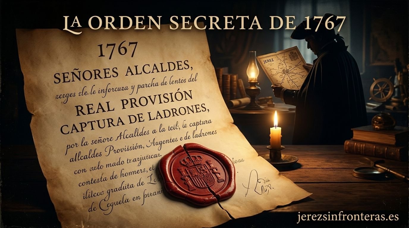 Pergamino histórico de 1767 iluminado por vela junto a la silueta de un oficial examinando un mapa de Jerez a la luz del candil.