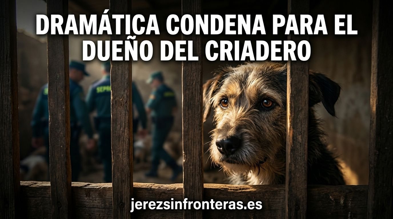Fotografía dramática en primer plano de un perro con mirada triste tras los barrotes de una celda de madera desgastada, con agentes uniformados de policía borrosos en el fondo.