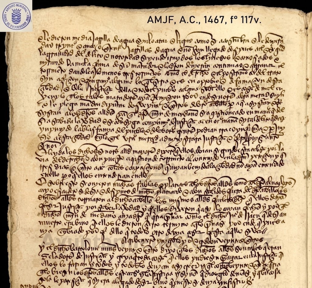 Manuscrito original restaurado en alta resolución de las actas capitulares de 1467 del Archivo Municipal de Jerez, folio 117v, redactado en escritura cortesana medieval para la noticia en jerezsinfronteras.es.