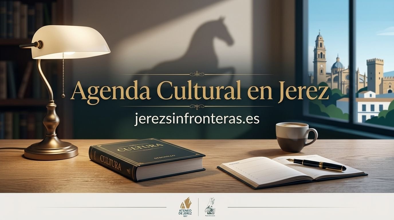 Imagen de cabecera de la noticia con el titular "Agenda Cultural en Jerez" en letras doradas y la URL "jerezsinfronteras.es". Un libro negro con la palabra "CULTURA" y un cuaderno abierto con una pluma descansan sobre un escritorio de madera, junto a una lámpara encendida y una taza de café. Al fondo, una ventana ofrece vistas de edificios históricos y la sombra de un caballo. En la base, logotipos del Ateneo de Jerez.