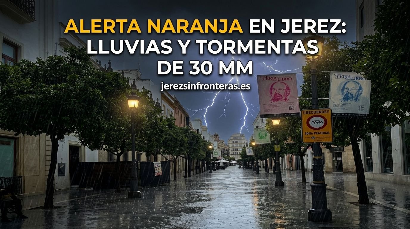 Imagen de la calle Larga de Jerez de la Frontera durante una fuerte tormenta con alerta naranja de la AEMET.