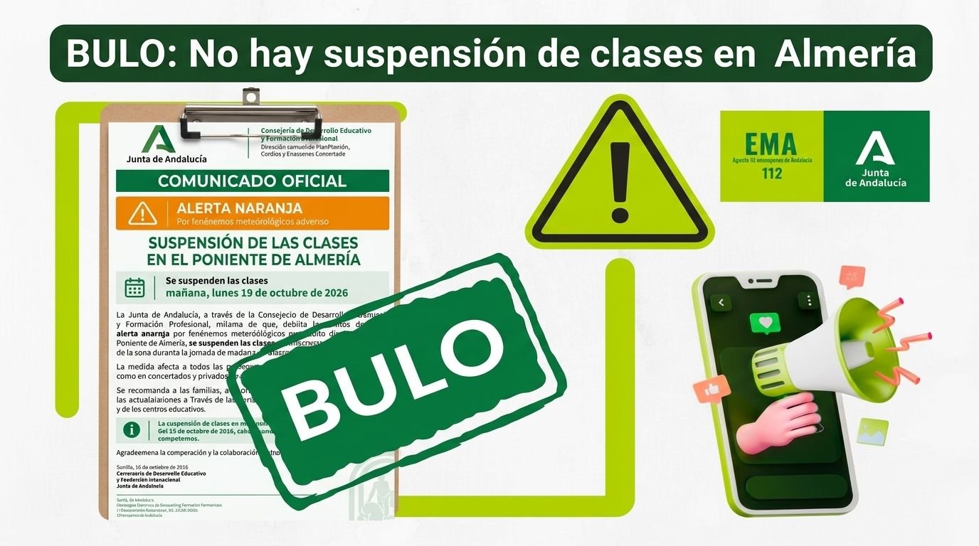 Gráfico oficial de la Junta de Andalucía y EMA 112 desmintiendo una falsa alerta de suspensión de clases en Almería el 19 de octubre de 2026. Muestra un documento manipulado con un gran sello verde de 'BULO', un triángulo de advertencia amarillo y una mano con un megáfono emergiendo de un smartphone.
