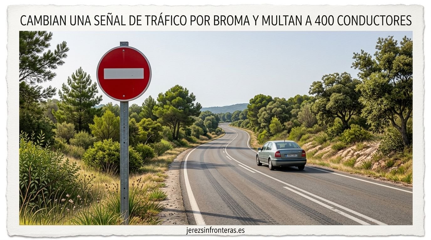 Fotografía de una carretera de doble sentido que serpentea a través de una colina cubierta de árboles y arbustos mediterráneos. En primer plano a la izquierda, hay una señal de prohibido el paso perfectamente legible y de color rojo. En el carril derecho de la carretera, un sedán plateado se aleja de la cámara. La imagen está impresa sobre un papel texturizado con bordes rasgados, como un viejo recorte. Arriba de la escena, el titular dice en letras claras y negras: 'CAMBIAN UNA SEÑAL DE TRÁFICO POR BROMA Y MULTAN A 400 CONDUCTORES'. Abajo, en la parte inferior del recorte, se lee: 'jerezsinfronteras.es'.