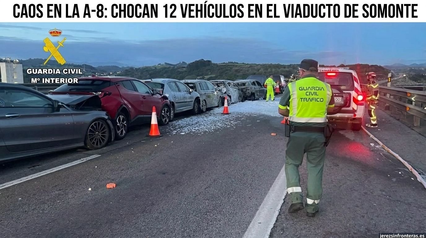 Fotografía de prensa de una cabecera de noticias que muestra una colisión múltiple de doce vehículos en el viaducto de Somonte sobre la autovía A-8 en Asturias. La imagen incluye un gran titular de texto en español que reza: "CAOS EN LA A-8: CHOCAN 12 VEHÍCULOS EN EL VIADUCTO DE SOMONTE". En la escena del accidente, se observan numerosos coches dañados y calcinados alineados en la calzada cubierta de espuma extintora. Un agente de la Guardia Civil de Tráfico, de espaldas y con chaleco reflectante amarillo, se dirige hacia el lugar junto a un vehículo policial con luces de emergencia y otros efectivos de bomberos y emergencias. El cielo está nublado al atardecer y se distinguen colinas verdes al fondo. El logotipo de la Guardia Civil con el texto "GUARDIA CIVIL Mº INTERIOR" se aprecia en la esquina superior izquierda, y la marca de agua de "jerezsinfronteras.es" en la inferior derecha.