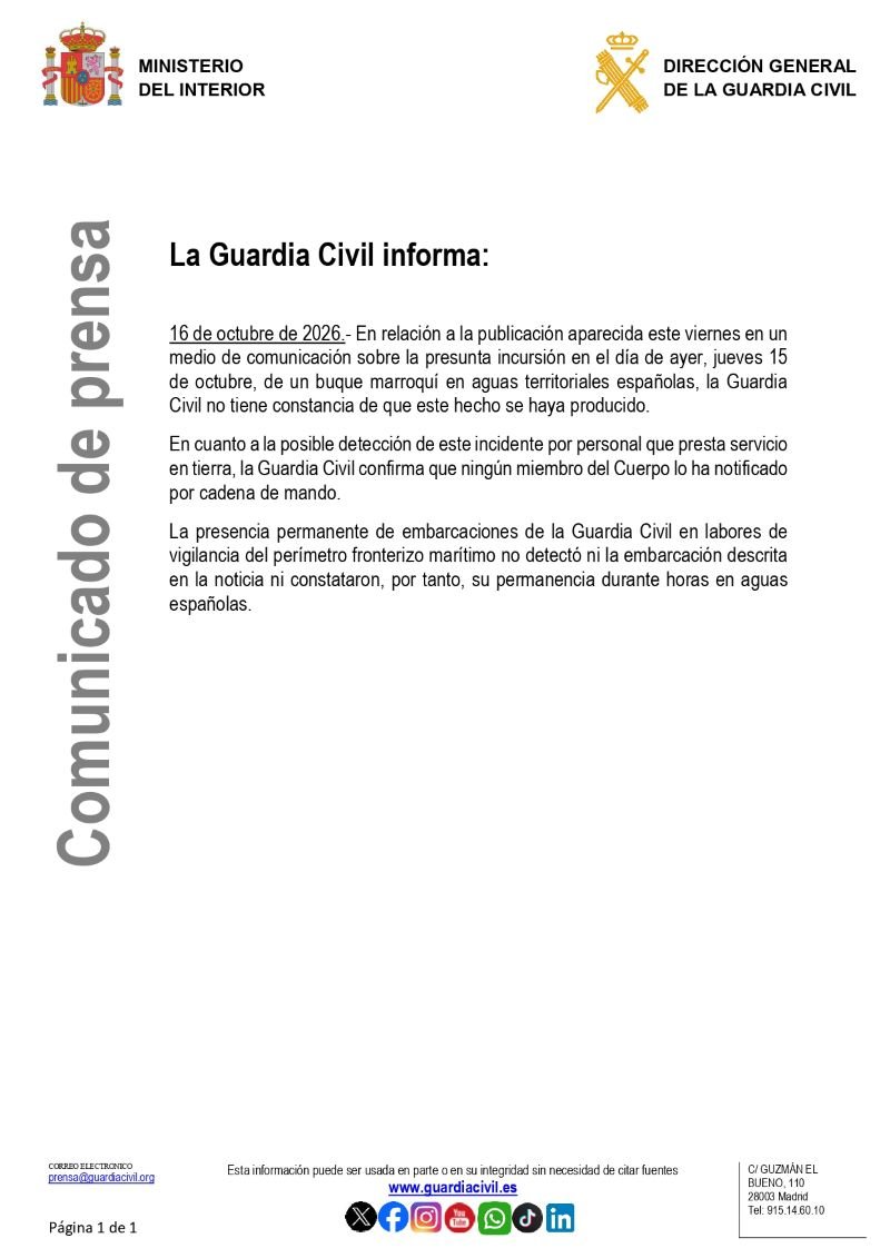 Comunicado oficial de prensa de la Dirección General de la Guardia Civil sobre la presunta incursión de un buque marroquí.