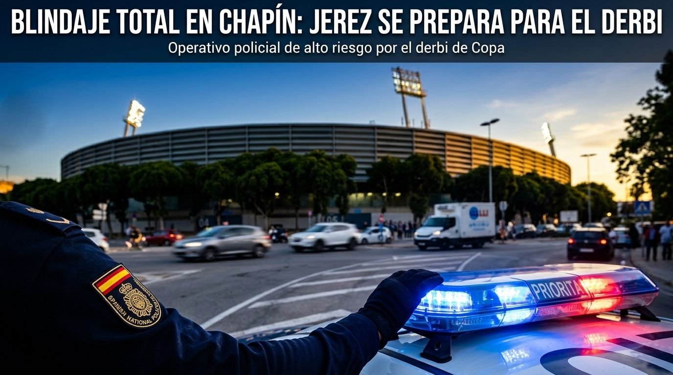 Dispositivo de seguridad de la Policía Nacional desplegado frente al Estadio Municipal de Chapín previo al derbi copero entre el Xerez CD y el Cádiz CF en Jerez.