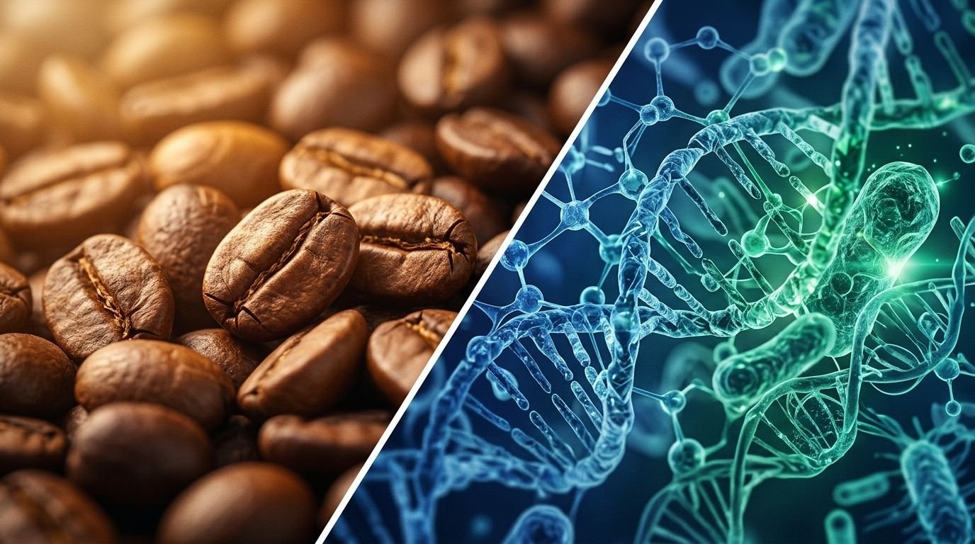 Imagen conceptual que contrasta granos de café tostados con una visualización microscópica y molecular de la microbiota intestinal.