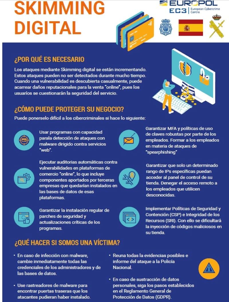 Infografía de Europol, Policía Nacional y Guardia Civil con medidas de protección y protocolo para comercios ante ataques de skimming digital.