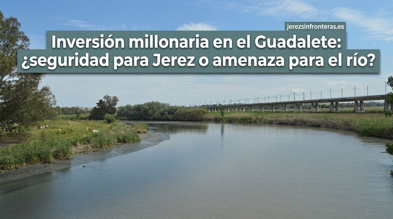 Fotografía panorámica del río Guadalete en Jerez, con el agua en primer plano reflejando el cielo azul con nubes dispersas. En la orilla izquierda, se aprecian árboles y vacas pastando en la pradera verde, mientras que en la orilla derecha y al fondo destaca un viaducto de tren elevado. En la parte superior, un banner superpuesto muestra el titular: "Inversión millonaria en el Guadalete: ¿seguridad para Jerez o amenaza para el río?" y el dominio "jerezsinfronteras.es".