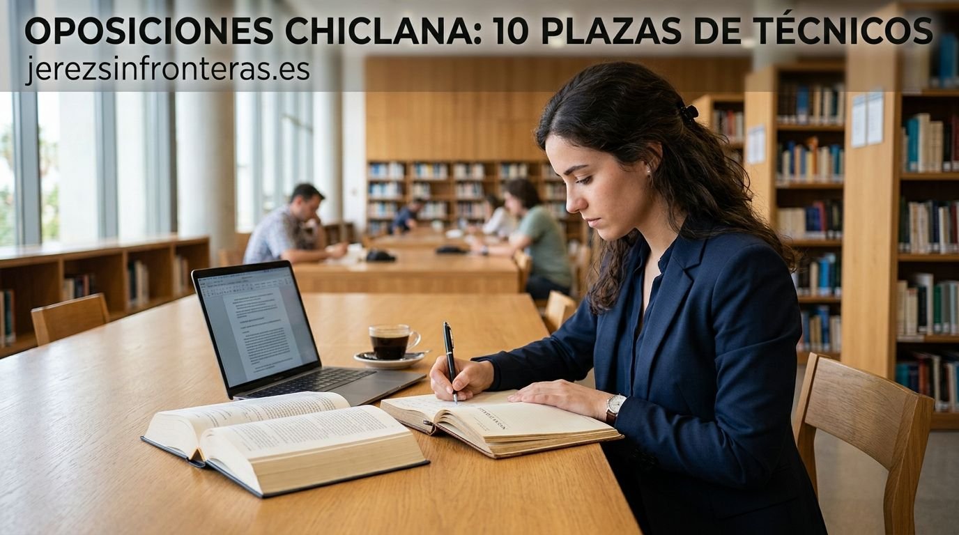 Fotografía de cabecera de la noticia sobre las oposiciones en Chiclana, mostrando a una mujer joven y concentrada estudiando derecho en una moderna biblioteca con luz natural, con el titular "OPOSICIONES CHICLANA: 10 PLAZAS DE TÉCNICOS" y la URL "jerezsinfronteras.es" en la parte superior.