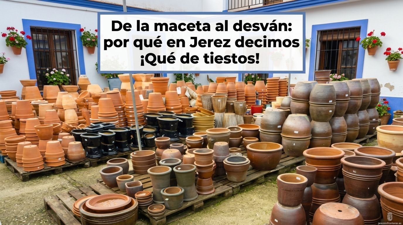 Macetas y recipientes de barro cocido acumulados en un patio tradicional de Jerez de la Frontera.