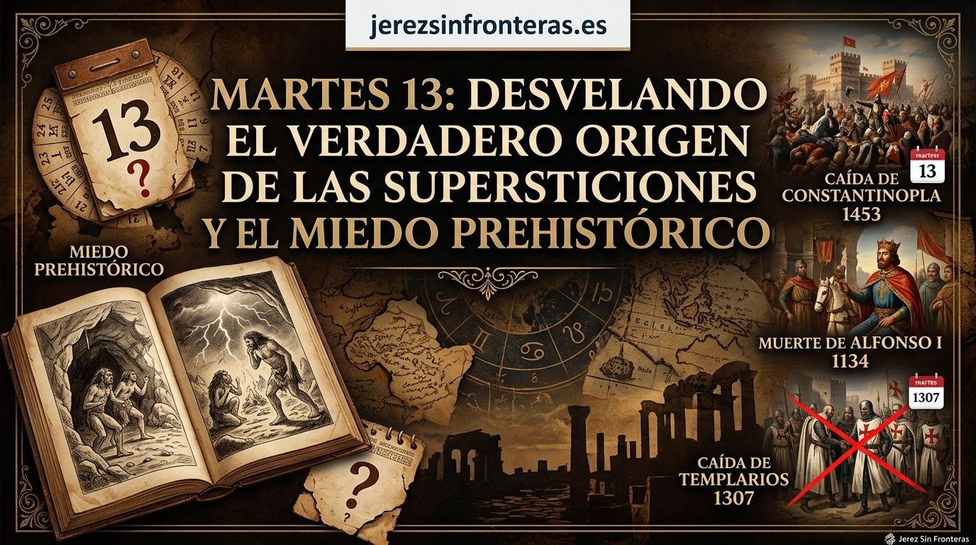 Infografía detallada en estilo antiguo sobre el origen de las supersticiones del martes 13, mostrando el miedo prehistórico, la caída de Constantinopla, la muerte de Alfonso I, la caída de los templarios y símbolos astronómicos, con el titular central 'MARTES 13: DESVELANDO EL VERDADERO ORIGEN DE LAS SUPERSTICIONES Y EL MIEDO PREHISTÓRICO'.