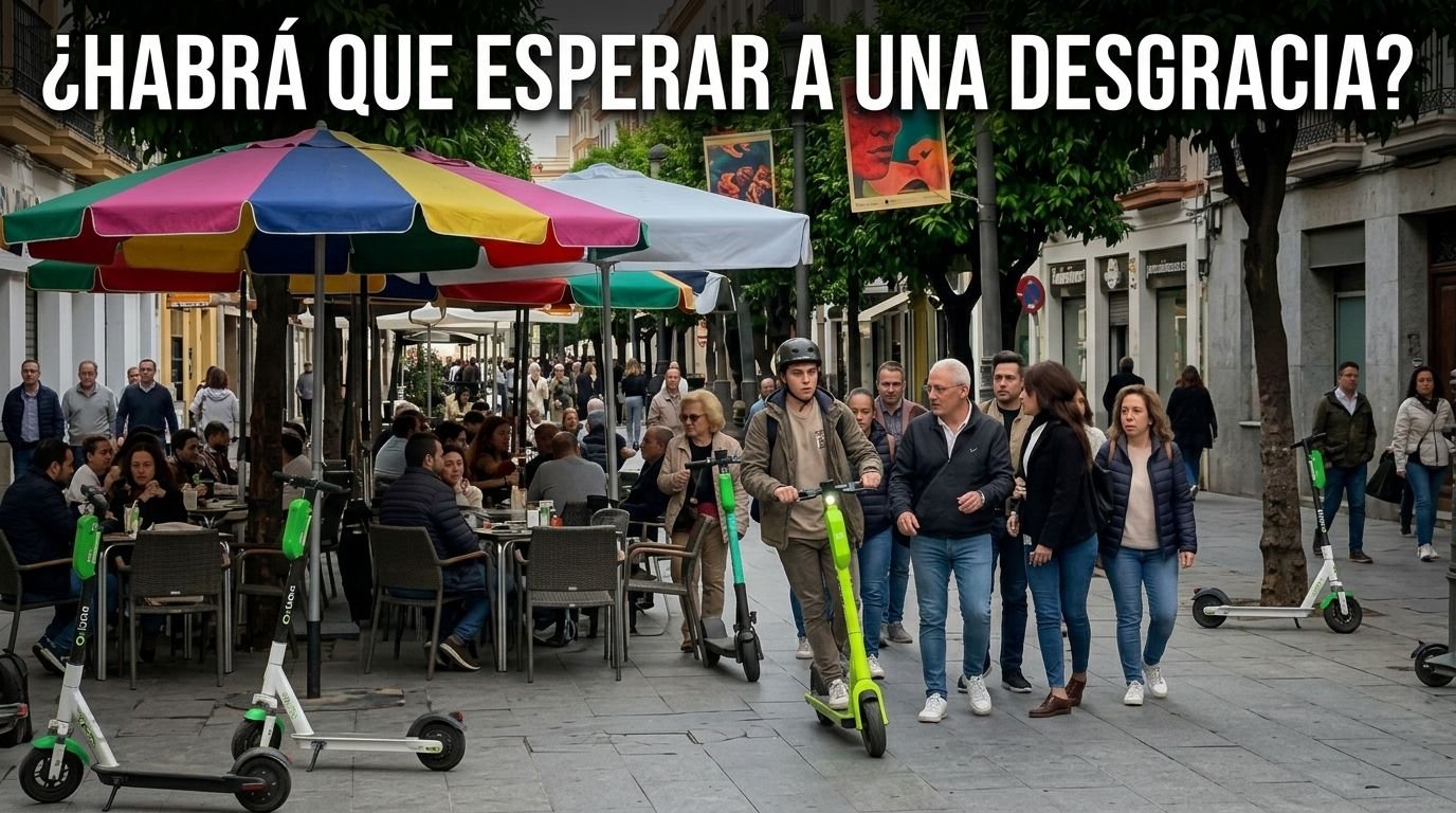 Patinetes eléctricos circulando a gran velocidad por la zona peatonal de la calle Larga de Jerez entre peatones y terrazas llenas.