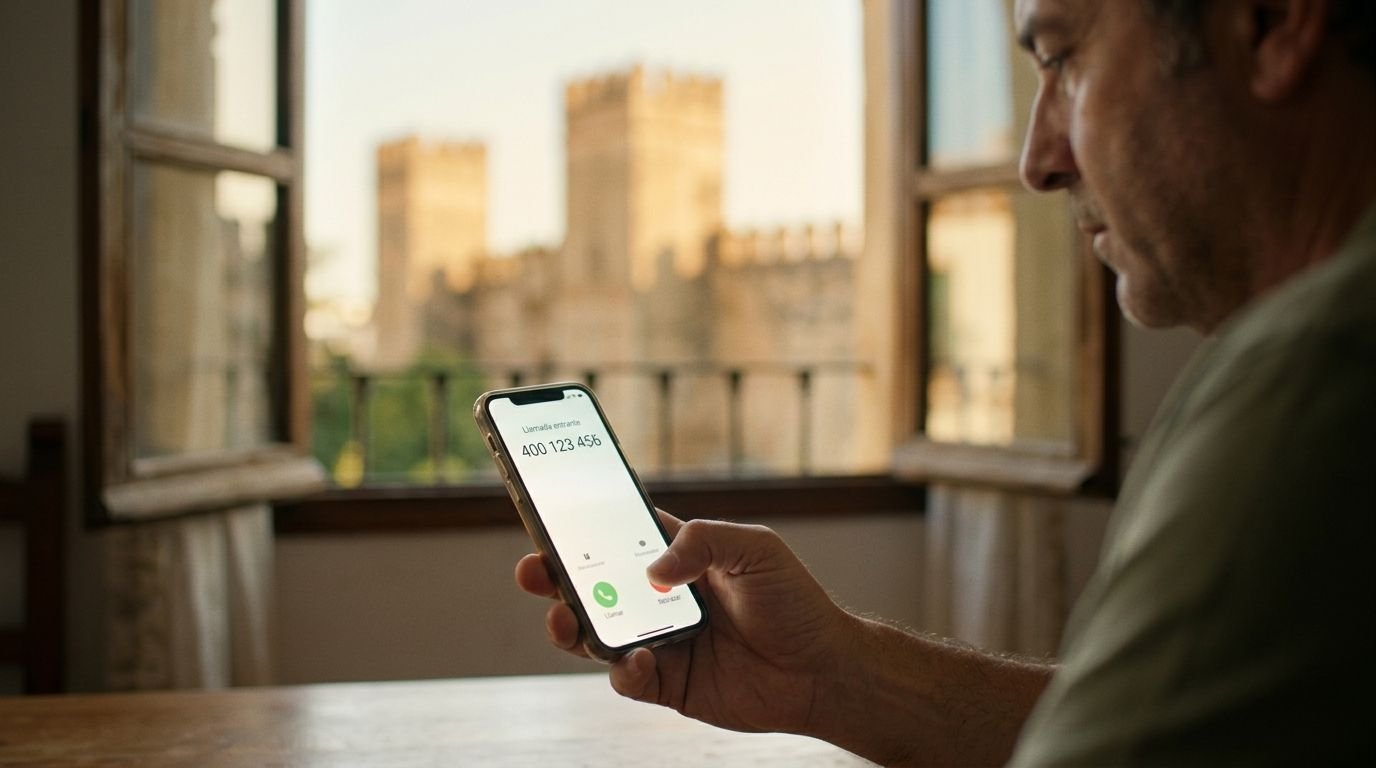 Primer plano cinematográfico de una mano sosteniendo un smartphone en un interior doméstico. La pantalla del teléfono está iluminada y muestra claramente una llamada entrante con el prefijo "400 123 456". Al fondo, a través de una ventana abierta, se distingue de forma borrosa la silueta del Alcázar de Jerez bajo una luz dorada. La profundidad de campo es muy reducida, manteniendo solo el teléfono y la mano enfocados.