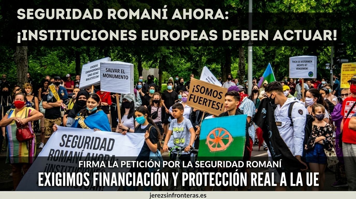 Manifestación de la comunidad romaní exigiendo seguridad y medidas a las instituciones europeas con pancartas e insignias representativas.