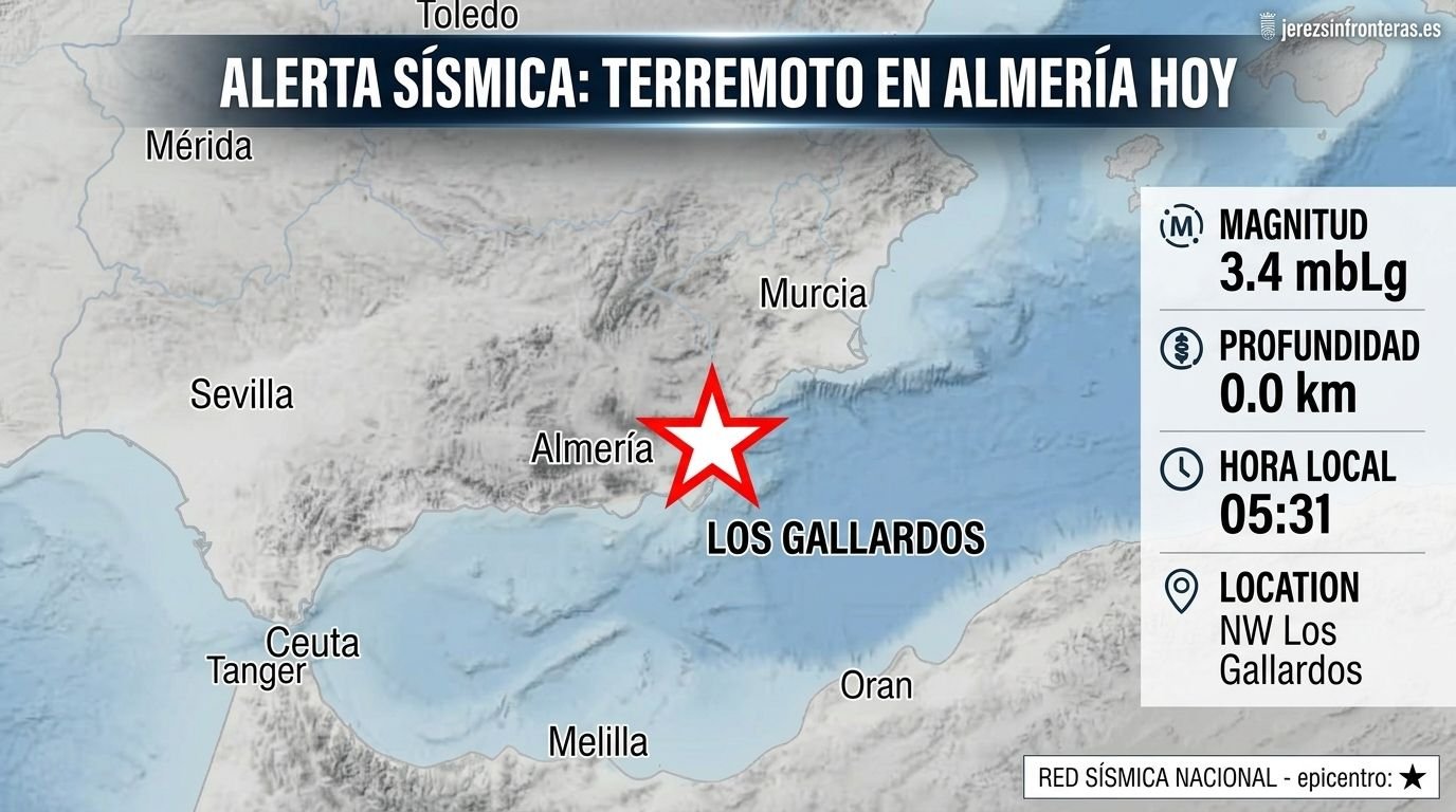 Mapa topográfico e infografía oficial del Instituto Geográfico Nacional que muestra el epicentro del terremoto de magnitud 3,4 registrado en Los Gallardos, Almería.