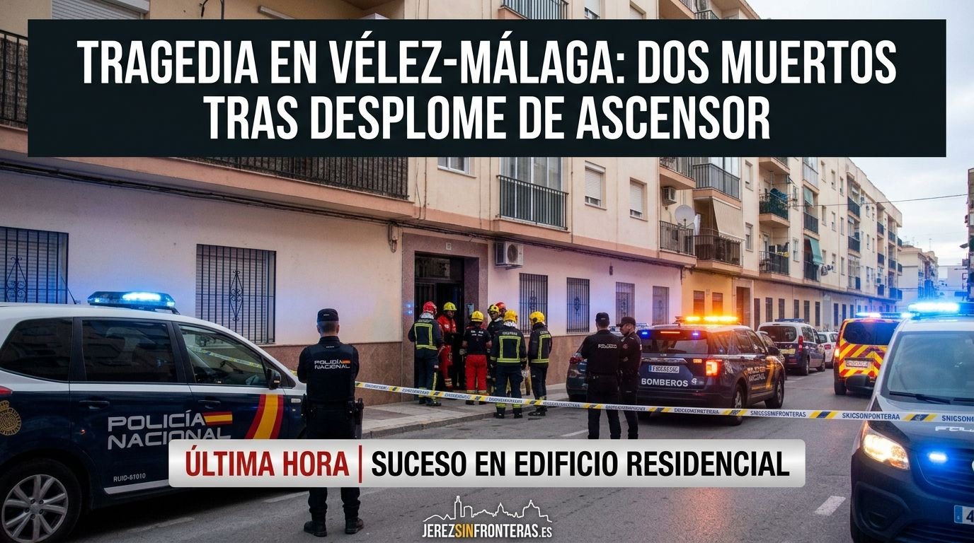 Fotografía de cabecera de noticia para jerezsinfronteras.es, en formato 16:9. La imagen muestra una calle de Vélez-Málaga al anochecer, con patrullas de la Policía Nacional y vehículos de bomberos desplegados con luces de emergencia encendidas. Un cordón policial amarillo y negro delimita la zona. En la parte superior, un banner oscuro con texto blanco en negrita reza: 'TRAGEDIA EN VÉLEZ-MÁLAGA: DOS MUERTOS TRAS DESPLOME DE ASCENSOR'. En la parte inferior, sobreimpreso en la calle, otro texto indica: 'ÚLTIMA HORA | SUCESO EN EDIFICIO RESIDENCIAL'. En la esquina inferior derecha, se aprecia el logo de jerezsinfronteras.es.