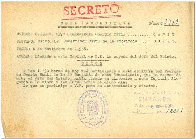 Comunicación de la 237ª Comandancia de la Guardia Civil al Gobernador Civil de la llegada a la provincia de S.E. el Jefe del Estado