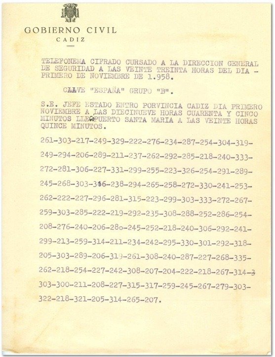  Telefonema Cifrado del Gobierno Civil de Cádiz a la DG de Seguridad. 1/11/1958