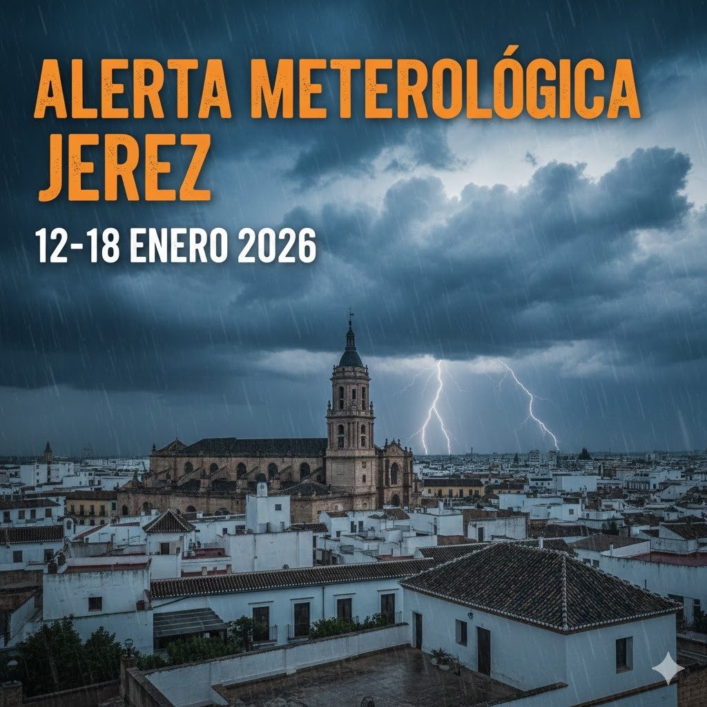 Vista panorámica de Jerez de la Frontera bajo un cielo de tormenta con rayos sobre la Catedral, texto Alerta Meteorológica Jerez 12-18 de enero de 2026, optimizado para información sobre el tiempo en Jerez.