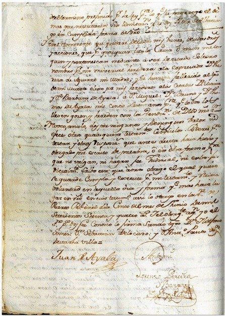 Página final del testamento de Ayala con firmas de testigos en Puerto Real.