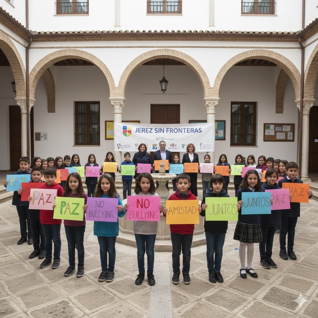 Grupo de escolares en un patio andaluz de Jerez sosteniendo carteles de colores con mensajes de "Paz", "No Bullying" y "Amistad" durante la celebración del Día Escolar de la No Violencia y la Paz.