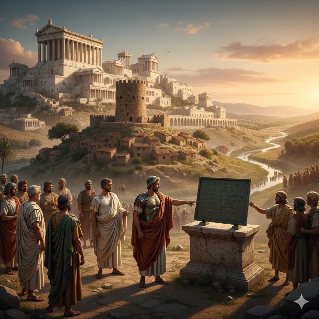 Recreación histórica del decreto romano del Bronce de Lascuta en el Museo Arqueológico de Jerez, mostrando a un general romano ante edificios monumentales de la antigua Hasta Regia.