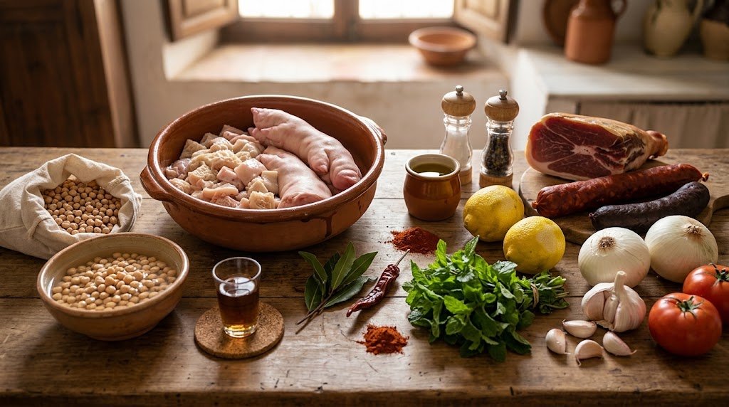 Bodegón con todos los ingredientes frescos para preparar menudo jerezano: callos, manitas de cerdo, garbanzos, chacinas, verduras y hierbabuena sobre mesa de madera.