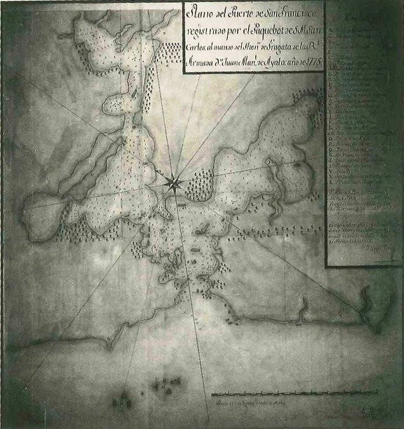 Plano histórico del puerto de San Francisco registrado en 1775 por el paquebote San Carlos, bajo el mando del teniente de fragata Juan Manuel de Ayala.