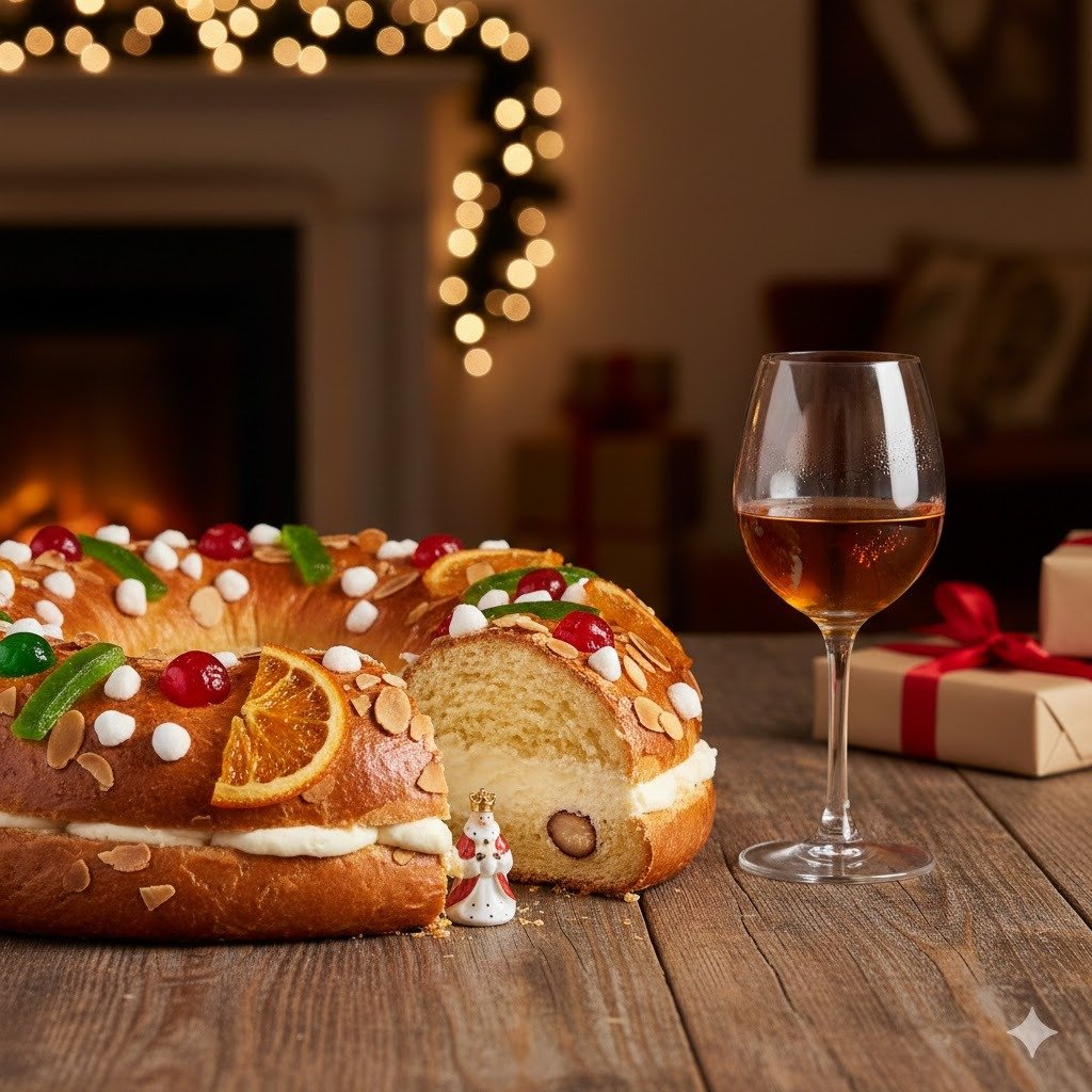Roscón de Reyes casero relleno de nata con una copa de vino de Jerez sobre una mesa de madera en un ambiente navideño con chimenea y luces al fondo.