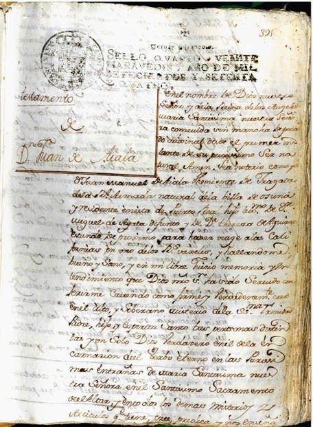 Portada del testamento manuscrito de Juan Manuel de Ayala de 1774.
