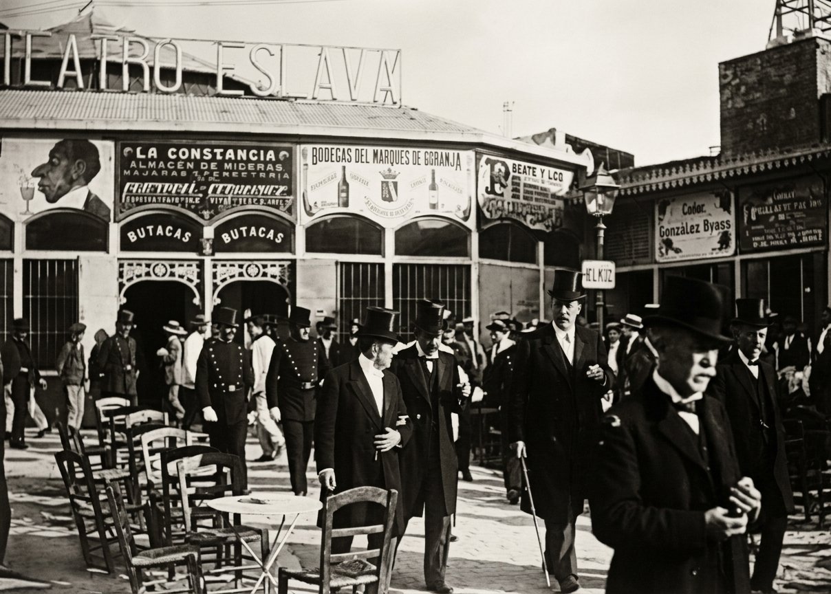Fotografía histórica mejorada mediante IA de la fachada del antiguo Teatro Eslava en Jerez de la Frontera, con asistentes vestidos de época y carteles publicitarios de principios del siglo XX.