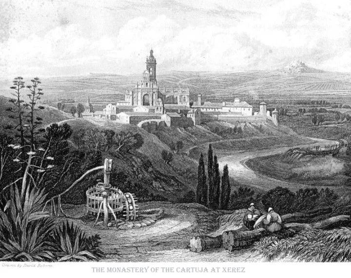 Grabado antiguo titulado "The Monastery of the Cartuja at Xerez" que muestra el monasterio sobre una colina junto al río Guadalete.