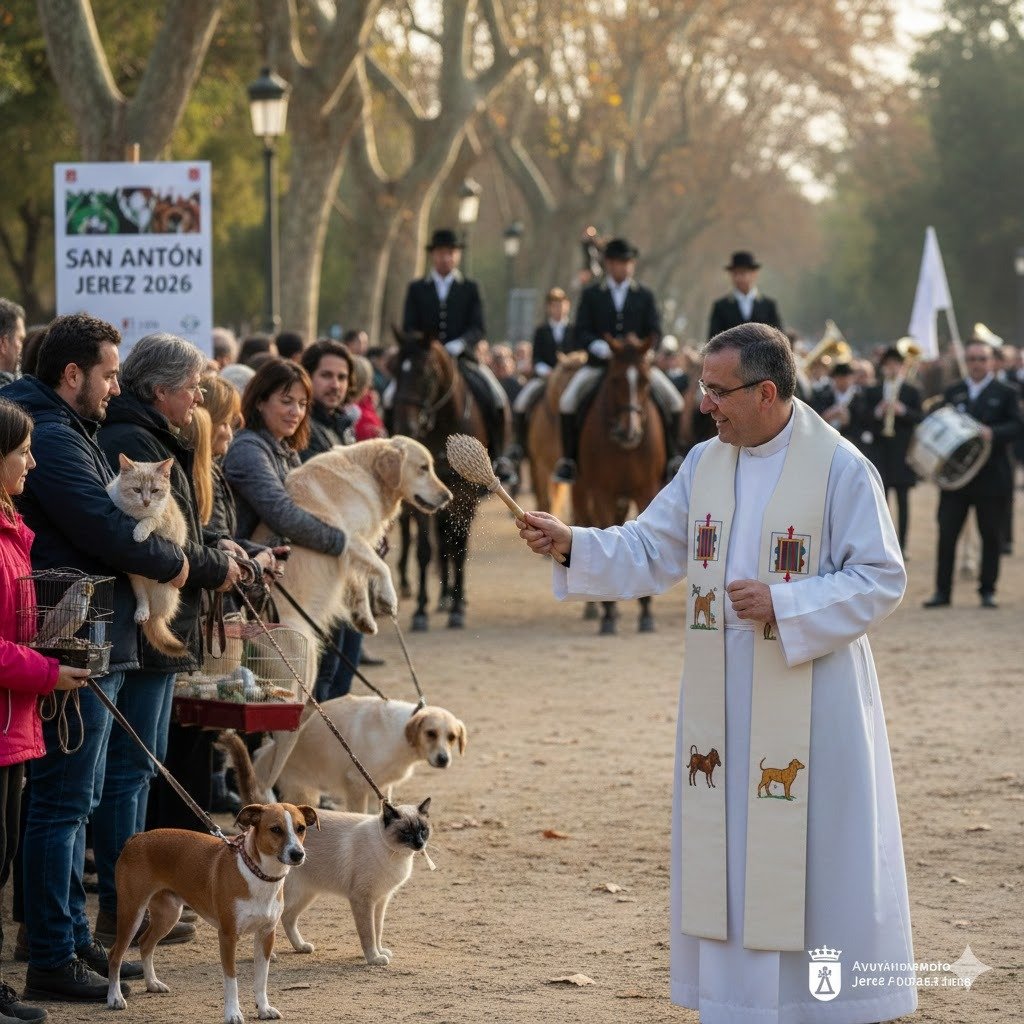 Bendición de mascotas en la festividad de San Antón 2026 en el Parque González Hontoria de Jerez con familias, perros, gatos y jinetes de la Real Escuela Andaluza del Arte Ecuestre.
