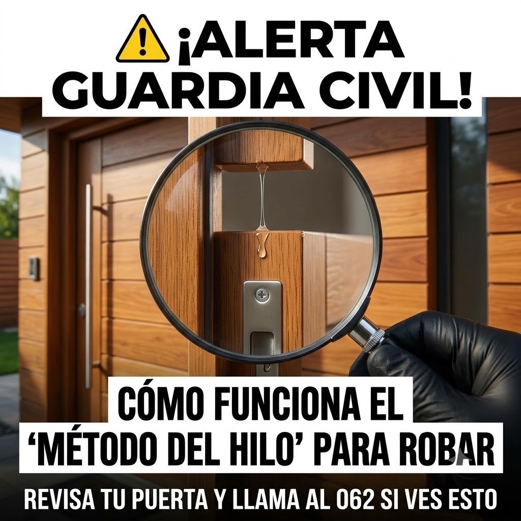 Lupa enfocando un hilo de pegamento transparente en el marco de una puerta de madera como alerta de la Guardia Civil sobre robos.