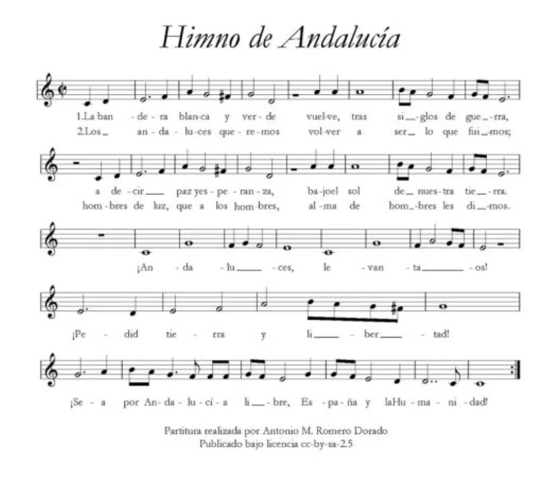 Partitura musical original del himno de Andalucía con la letra escrita por Blas Infante para piano y voz.