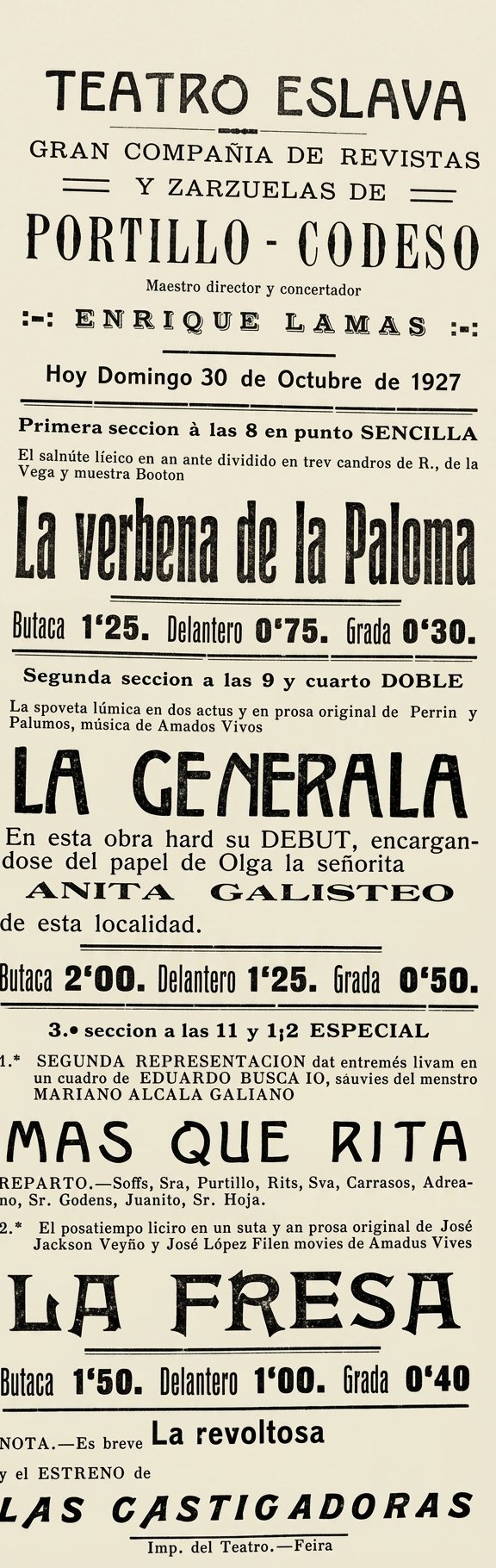 Cartel publicitario y programa de mano del Teatro Eslava de Jerez del 30 de octubre de 1927, restaurado digitalmente, con anuncios de la zarzuela La verbena de la Paloma y el debut de Anita Galisteo en La Generala.