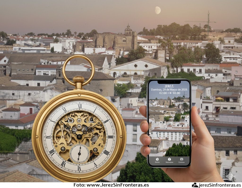 Composición digital del cambio de hora 2026 en Jerez sobre fotografía de César Pérez Pacheco.