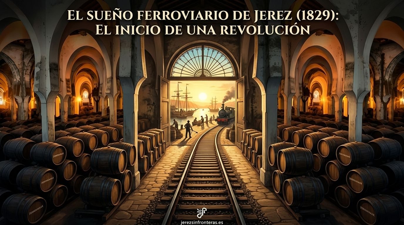 Ilustración digital de una bodega de Jerez con vías de ferrocarril entre las botas de vino orientadas hacia el sol naciente y la bahía al fondo.