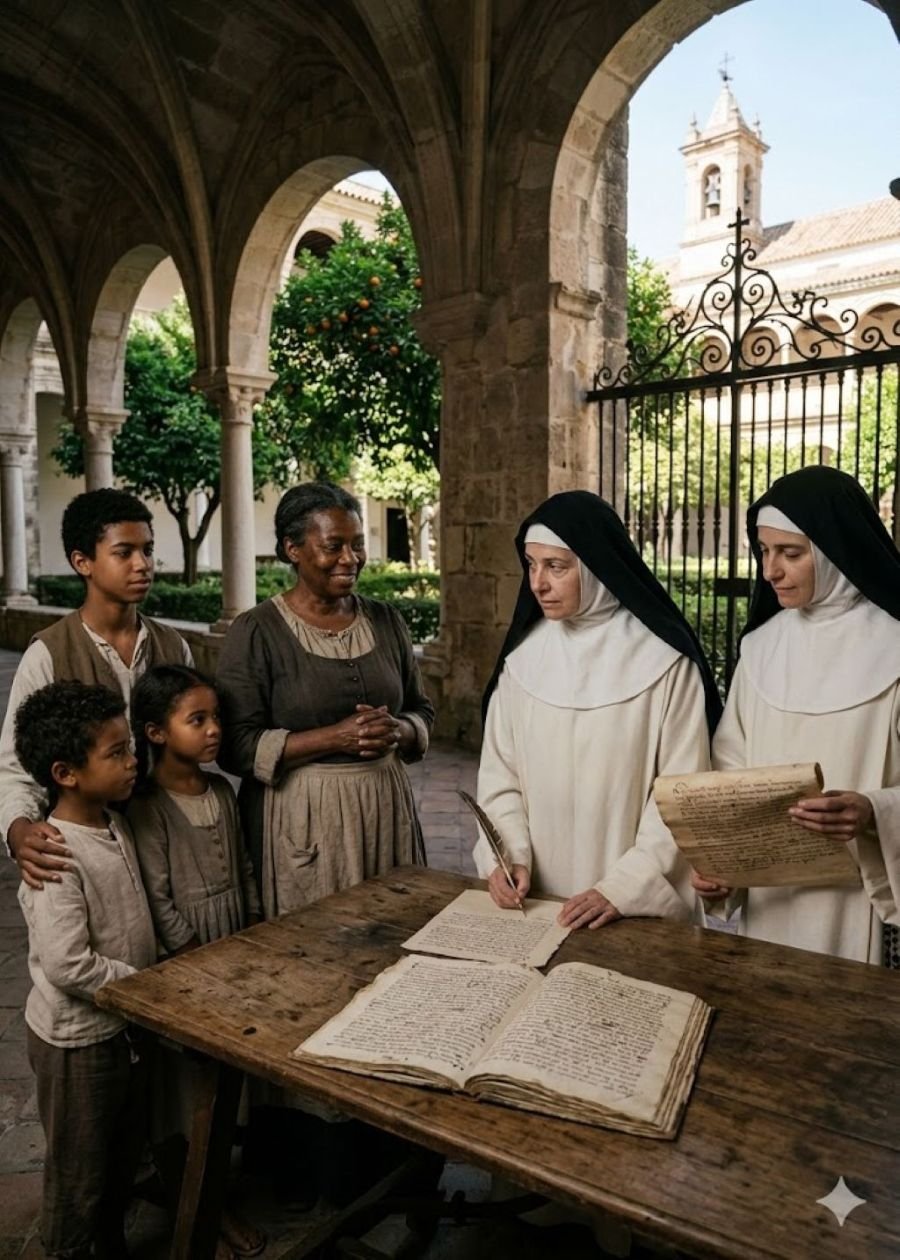 Recreación histórica de Marcelina con sus hijos frente a las monjas del Monasterio de la Concepción en Jerez de la Frontera durante la firma de su libertad.