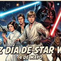 Ilustración estilo póster de cómic de Star Wars con Luke Skywalker sosteniendo un sable de luz azul en el centro. A su lado, la Princesa Leia y Han Solo están de pie, y el rostro de Darth Vader se asoma detrás. Chewbacca, C-3PO y R2-D2 están en la parte inferior. El fondo muestra una batalla espacial con el Halcón Milenario y la Estrella de la Muerte. En la parte inferior, texto estilizado dice: '¡FELIZ DÍA DE STAR WARS! 4 DE MAYO'.